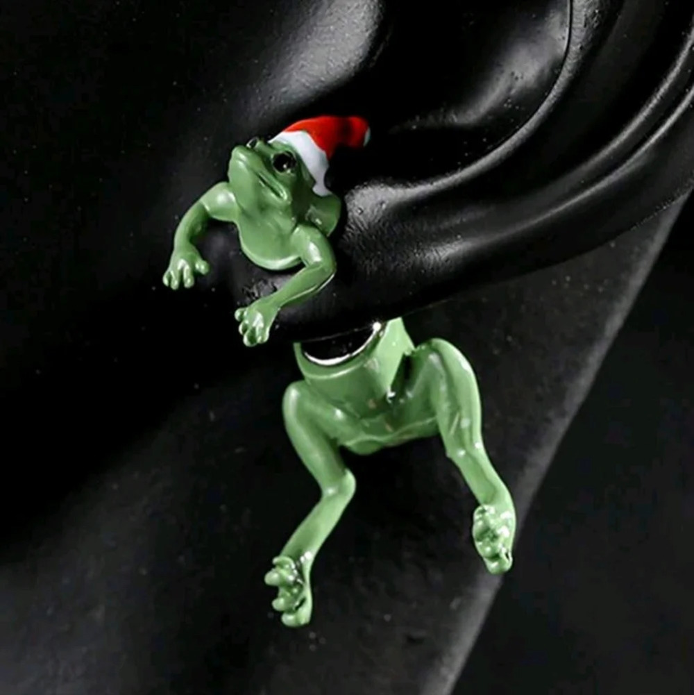 Green frog with Santa hat stud earrings Christmas gift Womens cute